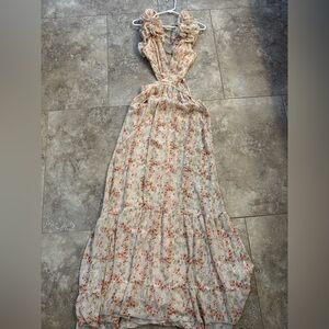 Fate Floral Print Maxi Dress in Cream and Red lace up open back